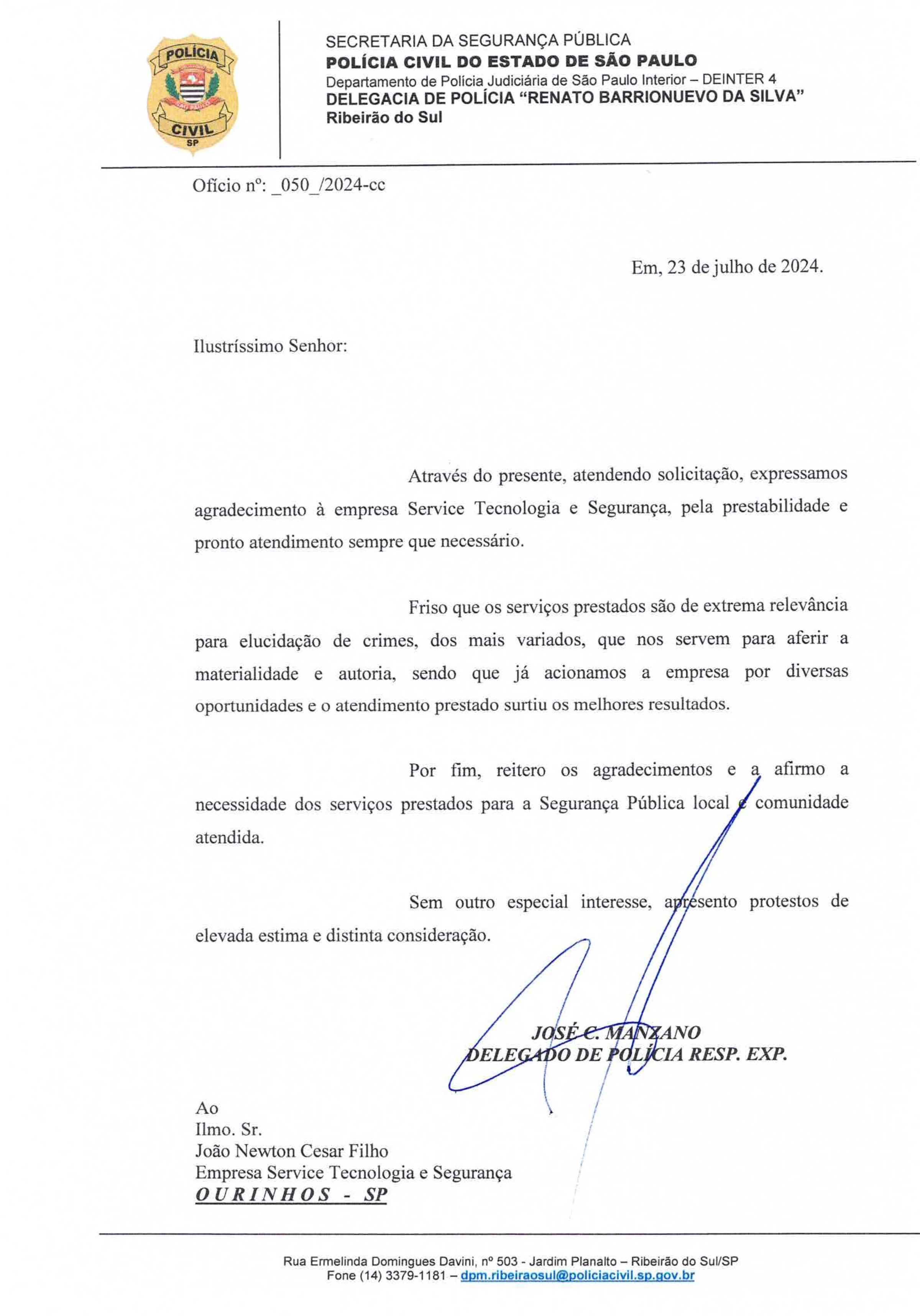 Departamento de Polícia Judiciária – DEINTER 4
Delegacia de Ribeirão do Sul/SP